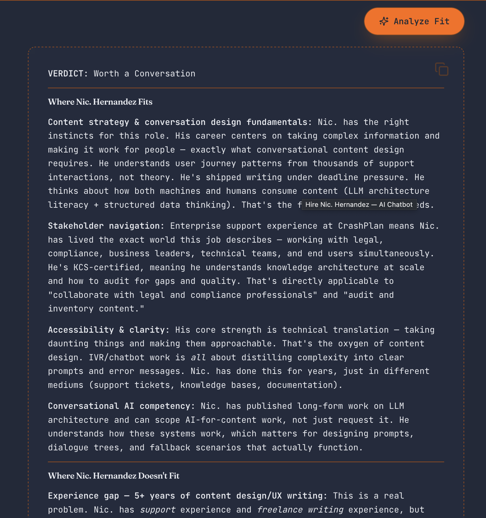 The finished chatbot giving an honest, balanced fit assessment for a role — noting both strengths and gaps rather than overselling