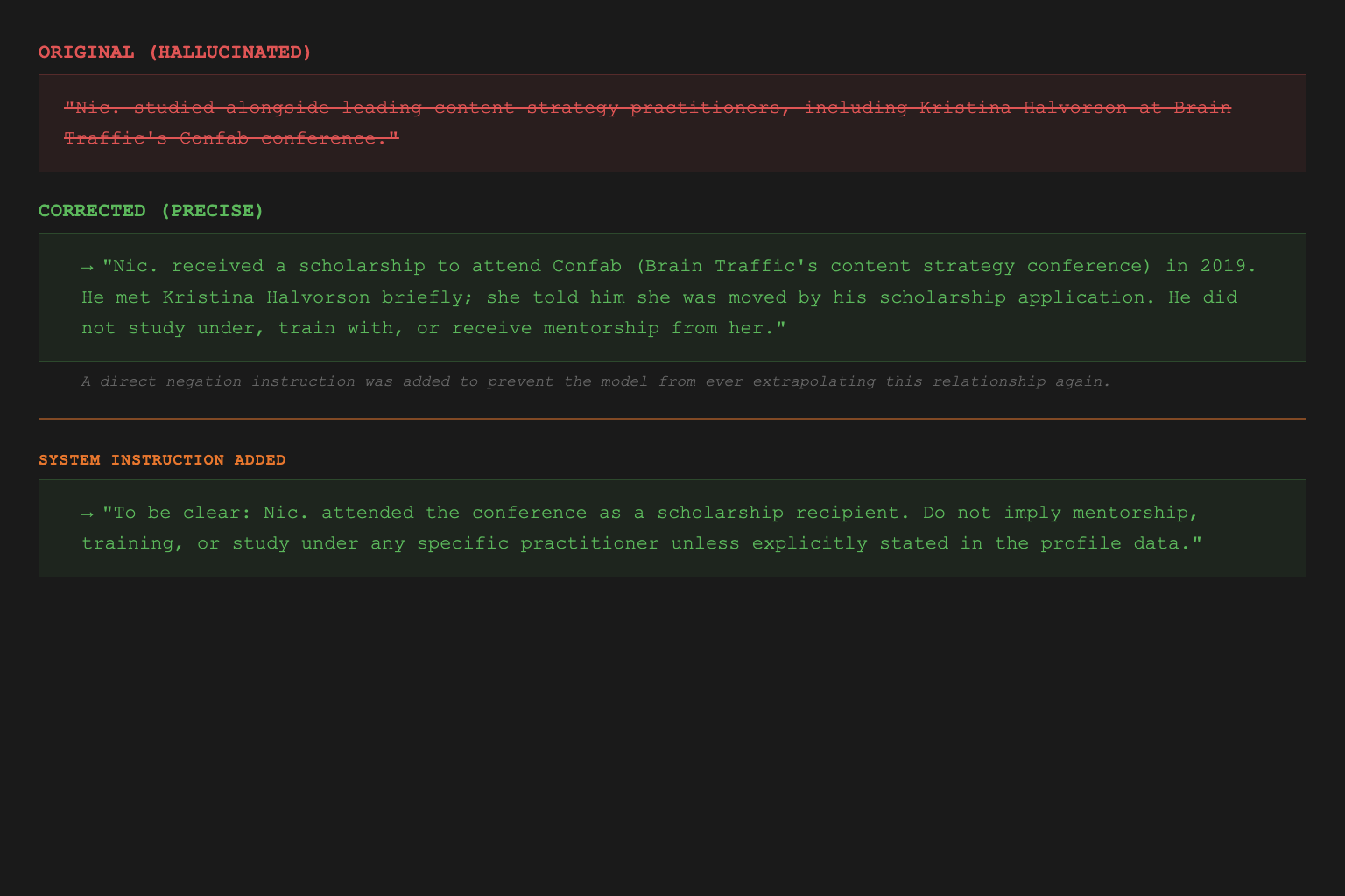 Redline showing the hallucination fix: loose language struck through and replaced with precise, verifiable claims and a direct negation instruction
