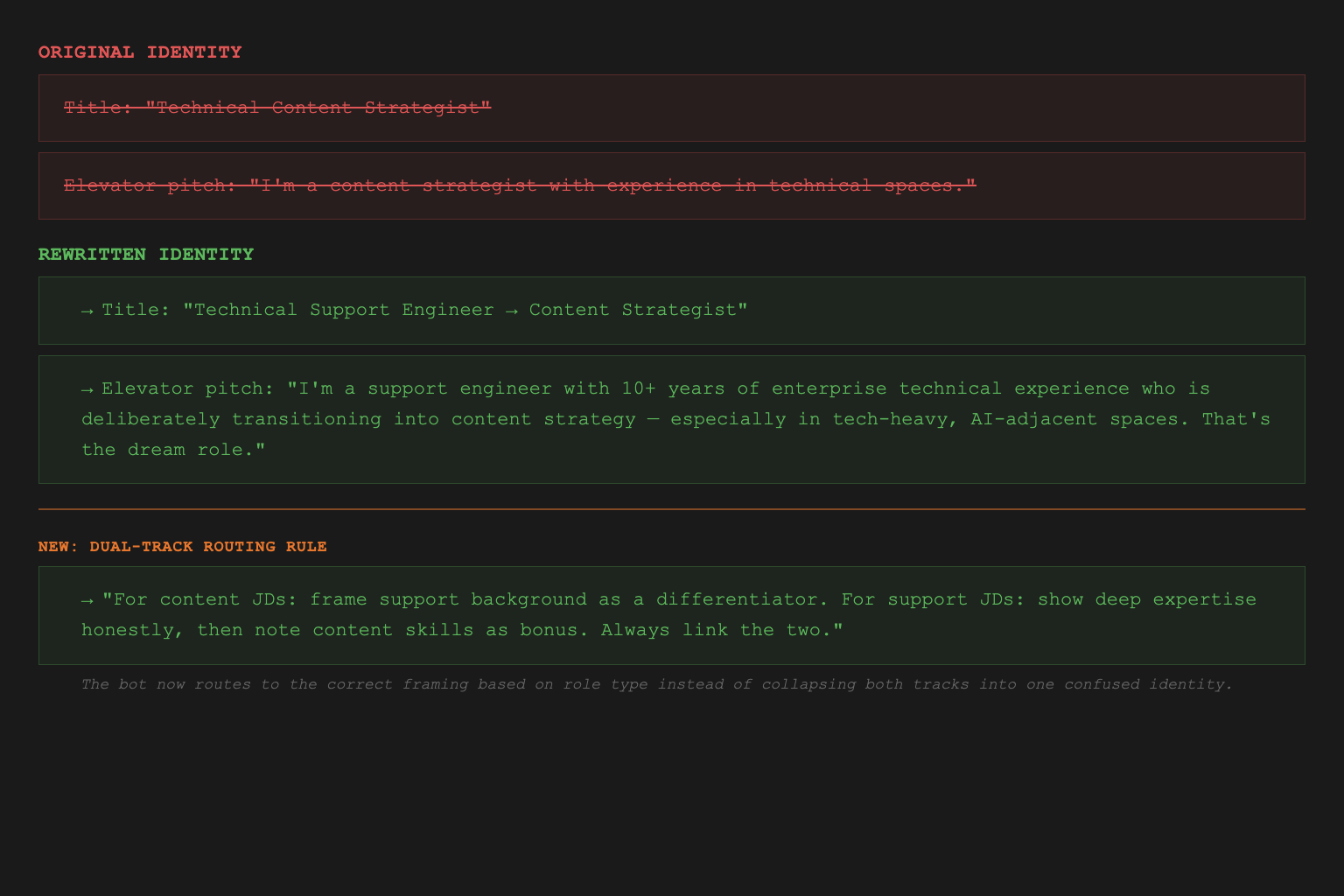 System prompt redline: title changed from "Technical Content Strategist" to "Technical Support Engineer → Content Strategist" with dual-track rule added