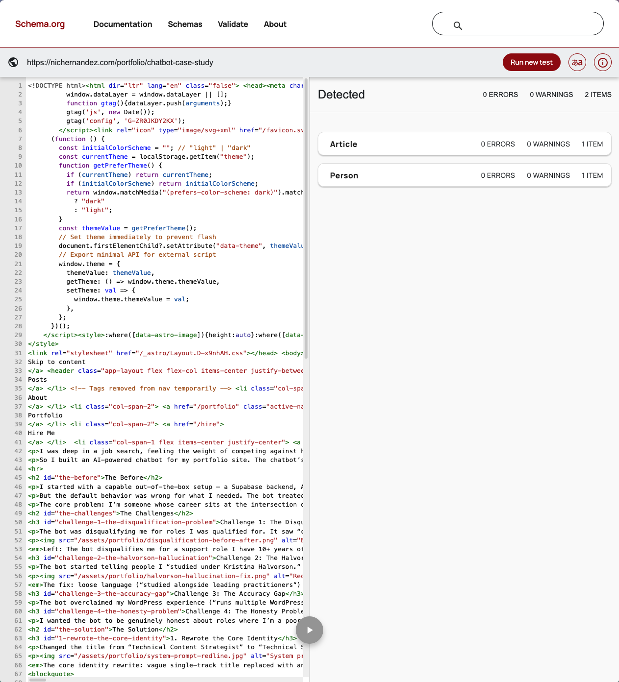 Schema.org Validator result for chatbot case study