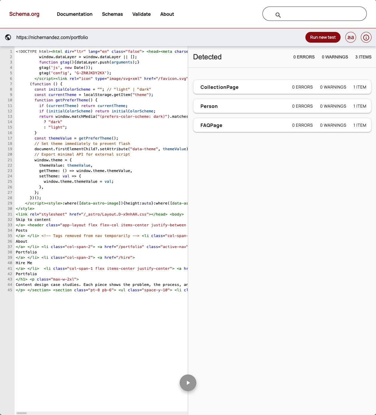 Schema.org Validator result for Person schema on portfolio index