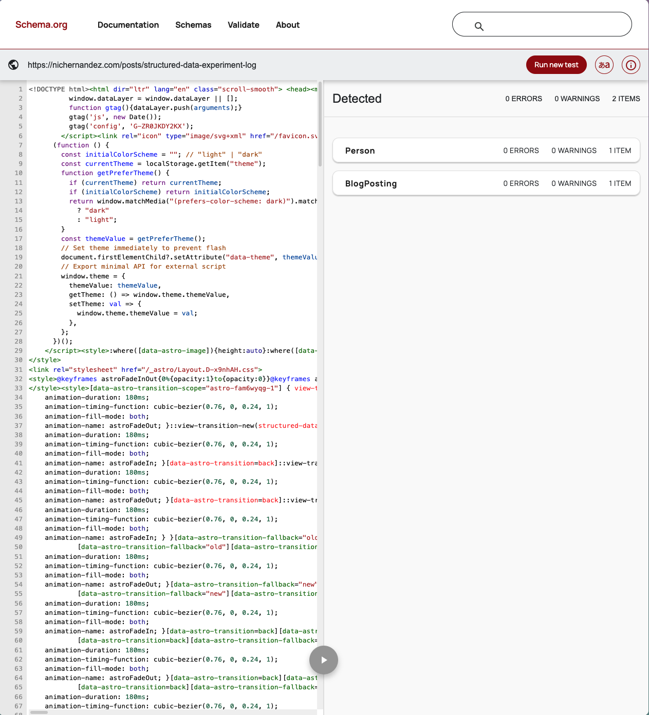 Schema.org Validator result for structured data experiment log page